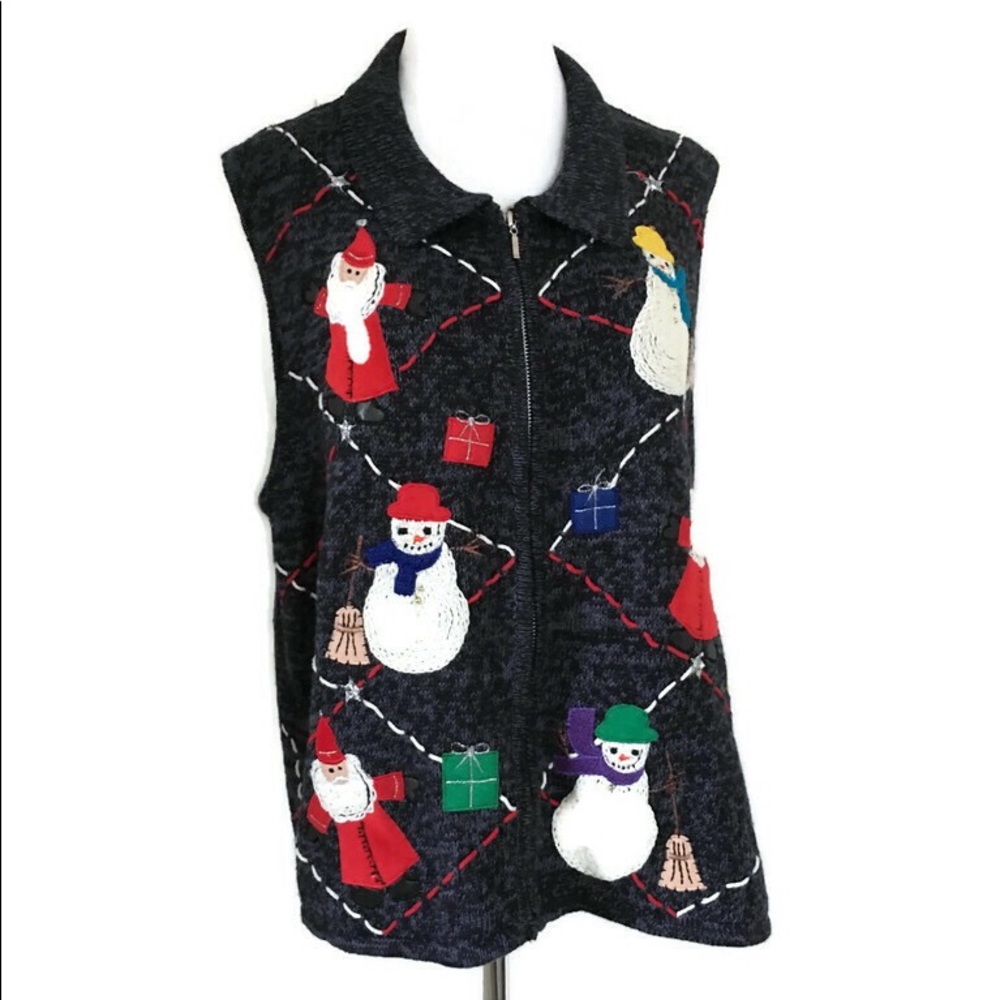 Santa Snowman Knit Zip Up Sweater Vest Sz XL